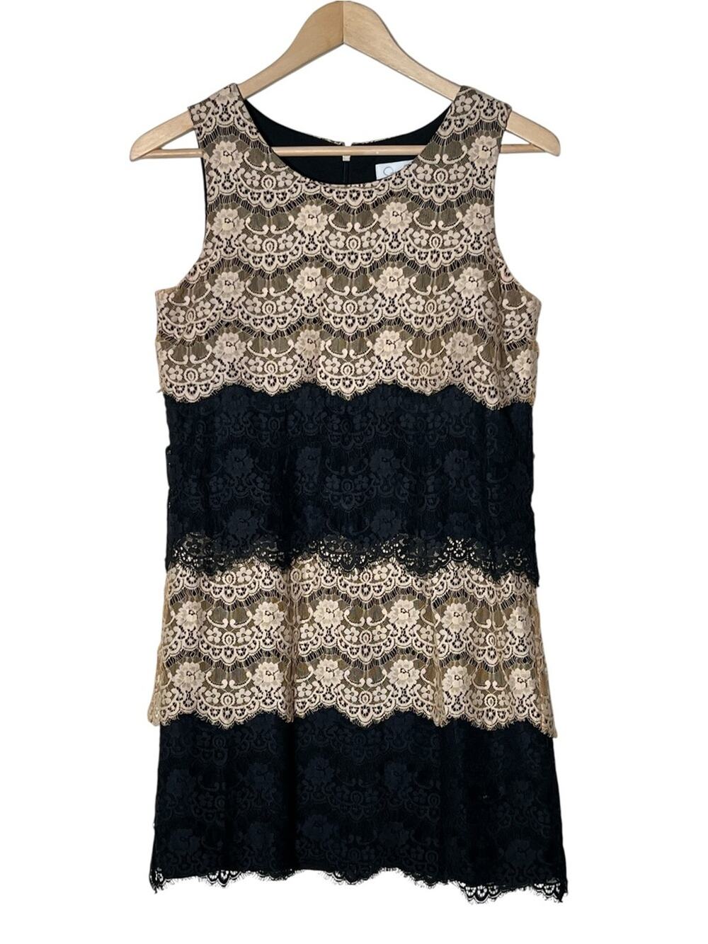 Jessica Simpson Sleeveless Lace Shift Dress in Black and Beige size 4 B123